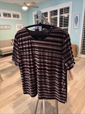 Ann Taylor Striped Velvet Burnout Short Sleeve Top in Black and Wine